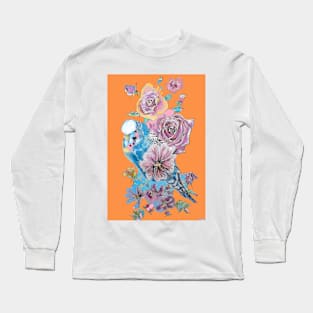 Blue Budgie and Rose Watercolor Painting on Orange Long Sleeve T-Shirt